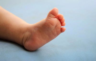 Low section of baby lying on bed