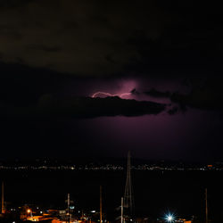 Illuminated city against dramatic sky at night