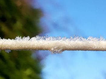 Close-up of raindrops on snow against sky