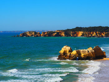 Scenic view of sea against clear blue sky