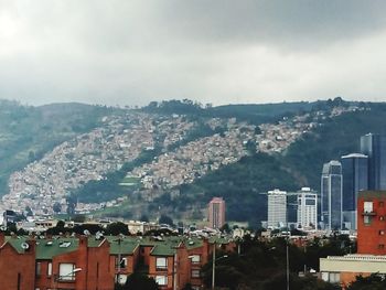 High angle view of buildings in city against sky