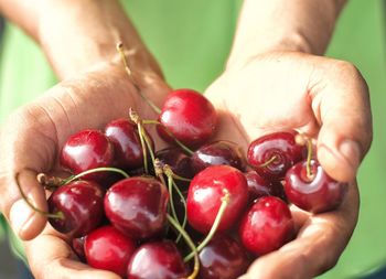 Close-up of hand holding cherries at farmers market 