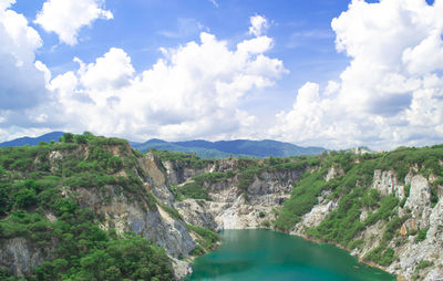Panoramic view of river amidst mountains against sky