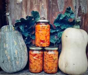 Close-up of pumpkin in jar on wood