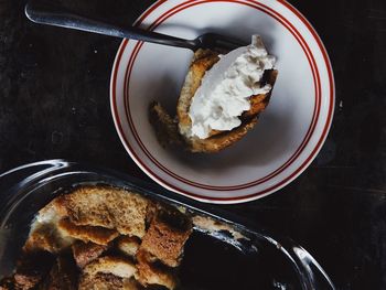 High angle view of breakfast served on table