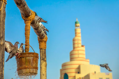 Low angle view of temple against building against clear blue sky