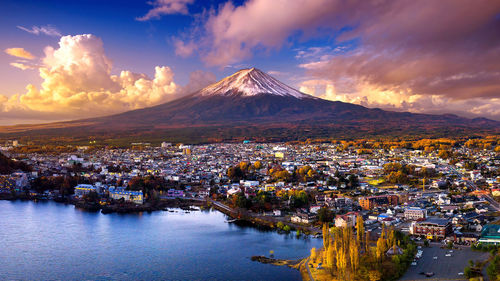 Panoramic view of cityscape against sky during sunset