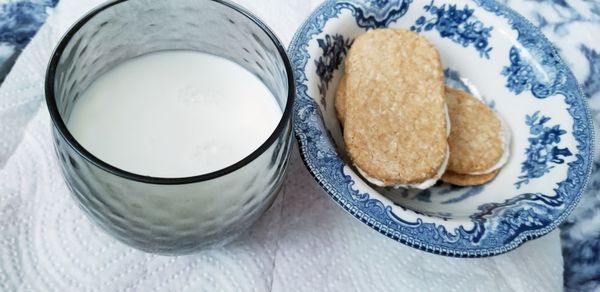 High angle view of breakfast served on table