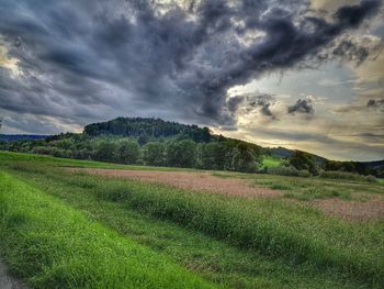 Scenic view of field against cloudy sky