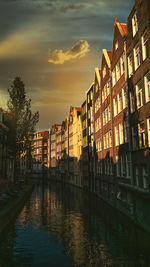 Canal amidst buildings against sky during sunset