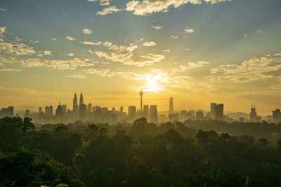 Buildings in city during sunset