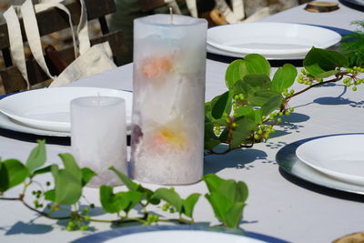 Close-up of drink served on table