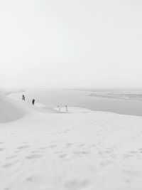 People on sand dune against sky