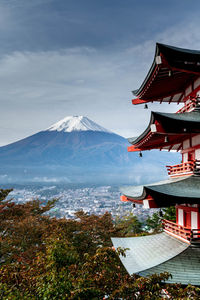 Temple in city against mountains