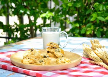 Close-up of breakfast served on table