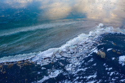 High angle view of snow covered land