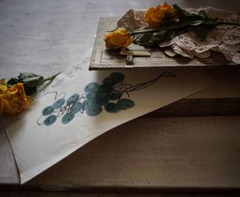 High angle view of various flower on table