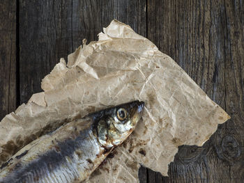 Close-up of herring on paper at table