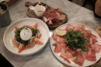 High angle view of breakfast served on table