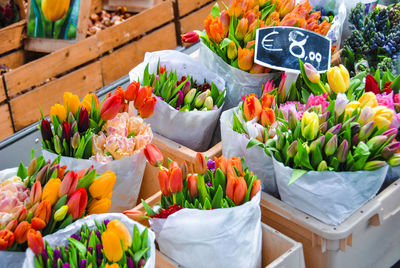 Various flowers at market stall