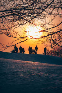 Silhouette people by tree against sky during sunset