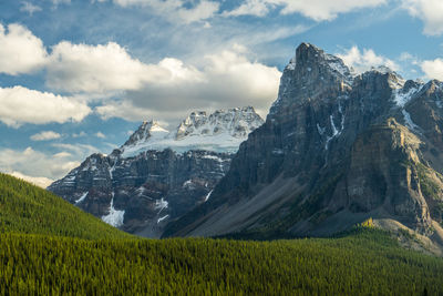 Scenic view of field and mountains against sky