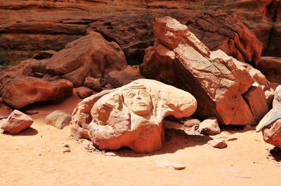 Ancient carvings on rocks in jordan wadi rum desert.