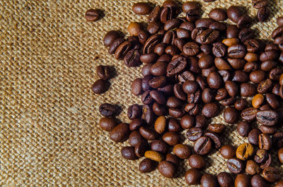 Close-up of coffee beans on burlap