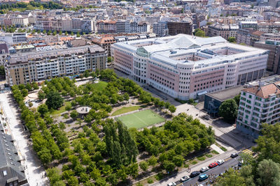 High angle view of buildings in city