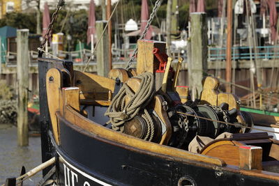 Ship bow of an old boat moored in water