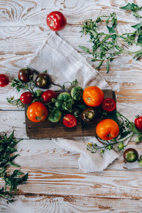 High angle view of tomatoes on table