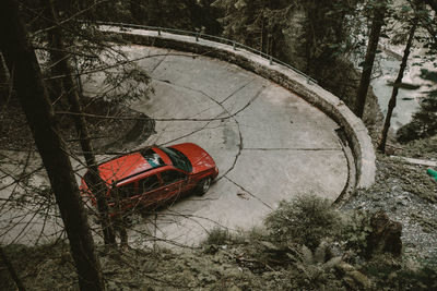 High angle view of car on road in forest