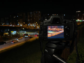 High angle view of illuminated cityscape at night