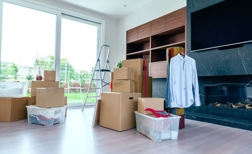 Boxes and furniture in new home