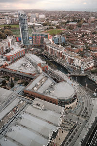 Portsmouth, united kingdom - aerial view of gunwharf keys designer outlet and the city centre