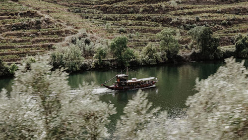 Boat sailing on river by trees