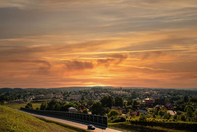High angle view of townscape against sky at sunset