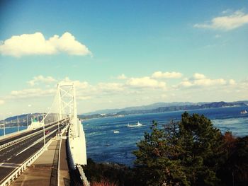 View of suspension bridge over sea