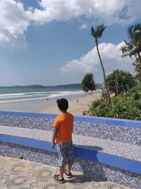 Rear view of man standing on beach against sky