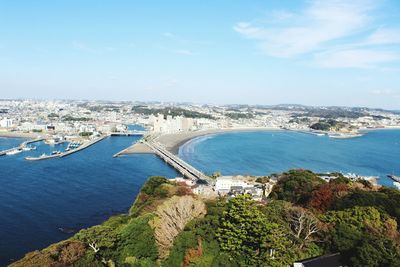 High angle view of river by town against sky