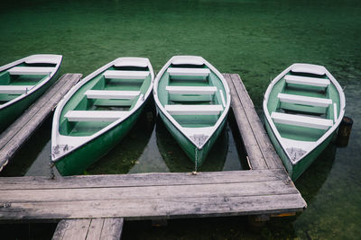 High angle view of boats moored in lake