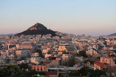 High angle view of townscape against sky at sunset