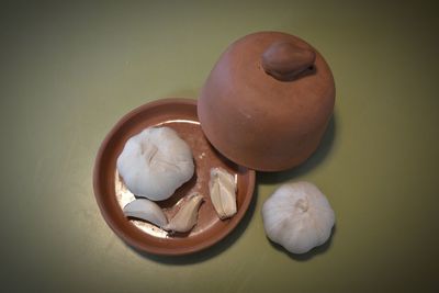 High angle view of bread in bowl on table