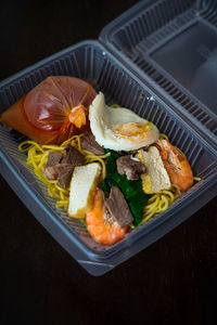 High angle view of food served on table