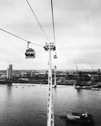 Overhead cable cars over river in city