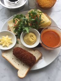 High angle view of food served on table
