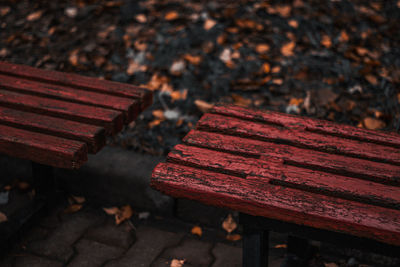 High angle view of bench in park