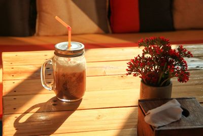 High angle view of drink on table