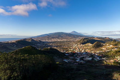 Panoramic view at volcano teide from san cristobal de la laguna on spanish island tenerife