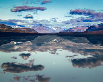 Scenic view of lake and mountains against sky